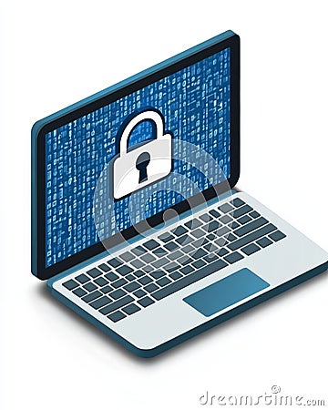 Open laptop with digital matrix background and lock symbol, symbolizing data encryption, online safety, and secure systems in a Cartoon Illustration