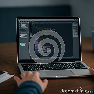 Open laptop displaying code on a screen in a dimly lit environment. Stock Photo