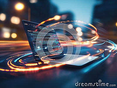 Laptop showing source code and futuristic data stream at night Stock Photo