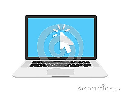 Open laptop in flat style isolated on background. Laptop with pc mouse and keyboard. Flat cartoon design, vector Vector Illustration