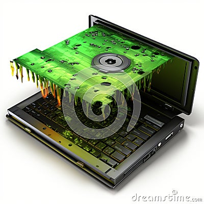 an open laptop with a green disk on top Stock Photo