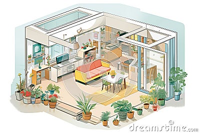 open layout home with an indoor-outdoor green garden, magazine style illustration Cartoon Illustration