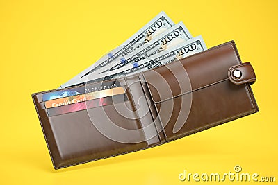 Open leather wallet with dollars and credit cards on yellow background Cartoon Illustration