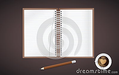 Open lined, torn realistic notepad notebook with spiral and pencil with cup of coffee is on brown background. Vector Illustration