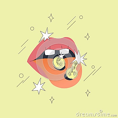 Open Lips With Crypto Coins Vector Illustration