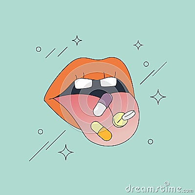 Open Lips With Pills Vector Illustration