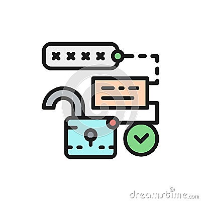 Open lock with pin code, password and unlock, cryptography flat color line icon. Vector Illustration