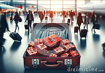 Open Luggage with Red Gift Boxes, Airport Blur Stock Photo