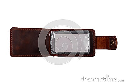 Open luxury craft business card holder case made of leather Stock Photo
