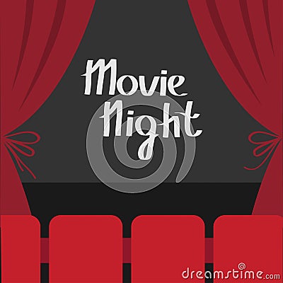 Open luxury red silk stage theatre curtain. Velvet scarlet curtains with bow. Seats hall. Dark stage. Film screen. Movie night. Ci Vector Illustration