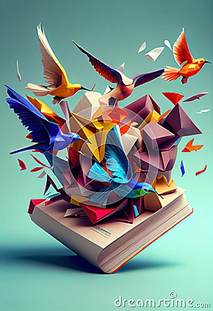 open magic book, with multicolored origami birds that fly out of its pages.. Generative AI Stock Photo