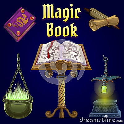 Open magic book and set of fairy tale elements Vector Illustration
