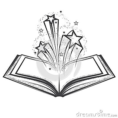 Open magic book with splattering stars, fairytale sorcery and mystic spells Vector Illustration