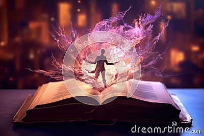 Open magical book that contains fantastic stories, Reading books and literature allows you to plunge into world of Stock Photo