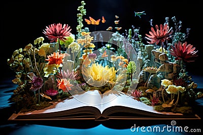 Open magical book that contains fantastic stories, Reading books and literature allows you to plunge into world of Stock Photo