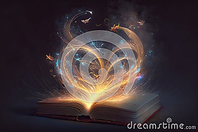 Open magical book with glowing lights over pages on abstract background. Fantasy reading. Created with Generative AI Stock Photo