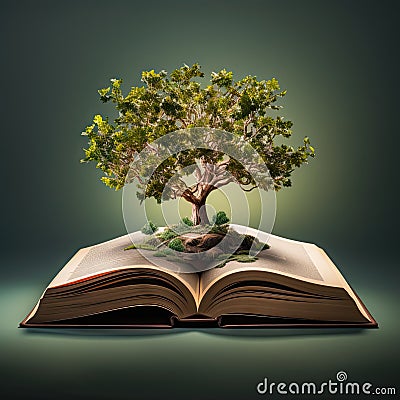 An open magical book with a tree growing out of it Stock Photo