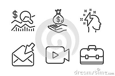 Open mail, Income money and Brainstorming icons set. Check investment, Video camera and Portfolio signs. Vector Vector Illustration