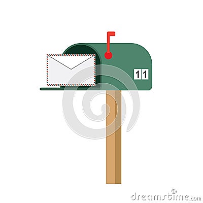Open mailbox with letter. Traditional american metal postbox, isolated on white background Vector Illustration
