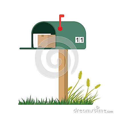 Open mailbox with newspaper and package. Classic american metal postbox, isolated on white background Vector Illustration