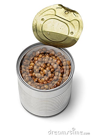 Open metal can with preserved steamed brown lentils close up on white background Stock Photo