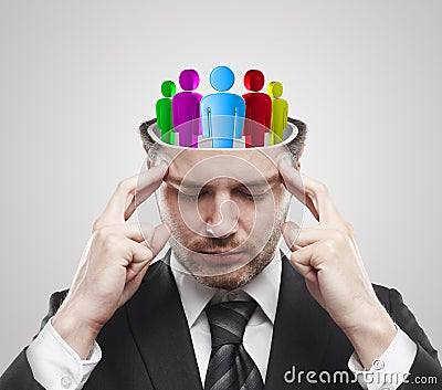 Open minded man with Social people inside Stock Photo