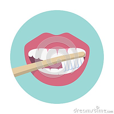 Open mouth with bamboo toothbrush isolated on green background. Teeth cleaning and oral hygiene and dental care concept. Vector Illustration