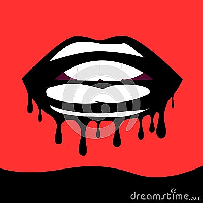 Open mouth with biting black lips on red background. Melting and flowing Vector Illustration