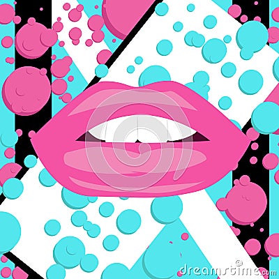 Open mouth with biting lips against a background of black and white stripes and pink turquoise circles Vector Illustration