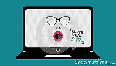 Open Mouth And Glasses On Computer - Discount Concept On Laptop - Editable Vector Illustration Stock Photo