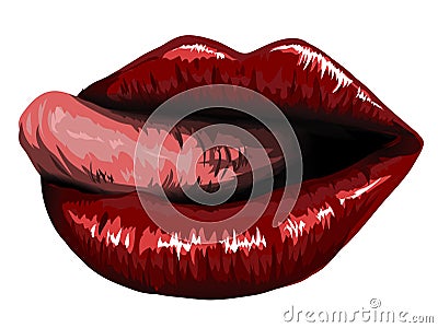 Open mouth with red female lips and tongue sticking out close-up vector icon isolated on white background. Vector Illustration