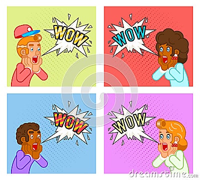 Open Mouth surprised customer male female characters shocked scream wow commercial business offer promotion poster set Vector Illustration