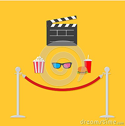 Open movie clapper board 3D glasses popcorn soda hamburger template icon. Red rope barrier stanchions turnstile Flat design style Vector Illustration