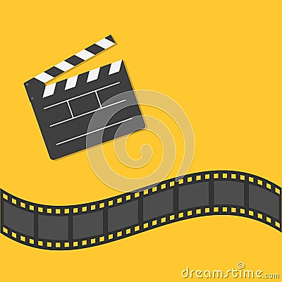 Open movie clapper board template icon. Film strip border. Cinema movie night icon in flat design style. Yellow background. Vector Illustration