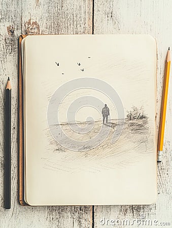 Open notebook displaying a sketch of a person on a hill with birds flying in a bright workspace. Generative AI Stock Photo