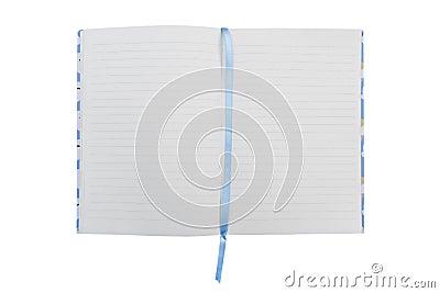 Open notebook empty pages top view. Lined notepad isolated on white background. Note book spreadsheet pages. Opened dairy or Stock Photo