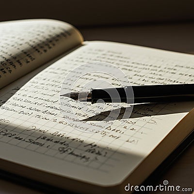 Open notebook filled with handwritten text, featuring neat, legible script on a grid-lined page. Stock Photo