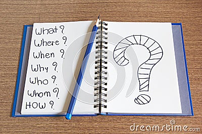 Open Notebook writing question mark on it Stock Photo