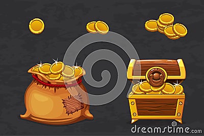 Open old bag and wooden chest. Ancient pirate money for winner. Vector cartoon illustration coins icons for web, games Vector Illustration