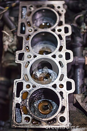 Open old block on four cylinder engine Stock Photo