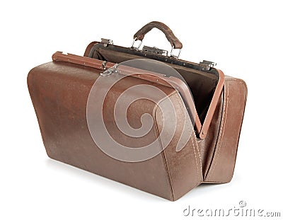 Open old leather gladstone bag Stock Photo