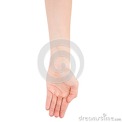 Open one palm of the girl - a blank for design, close up of womans cupped hands showing something, top view. Isolate on a white b Stock Photo