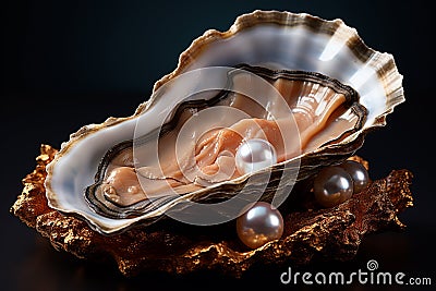 Open oyster with pearl isolated on dark background Stock Photo