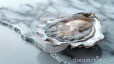 Open oyster shell with water droplets on a marble surface Stock Photo