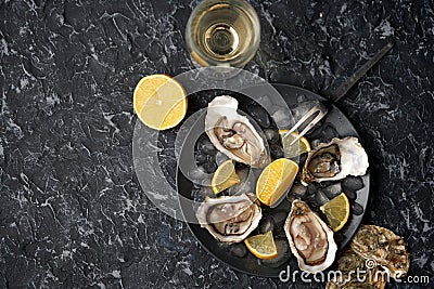Open oysters with lemon wedges, crushed ice on a black dish on a dark stone background with oyster shells with a glass of champagn Stock Photo
