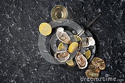 Open oysters with lemon wedges, crushed ice on a black dish on a dark stone background with oyster shells with a glass of champagn Stock Photo