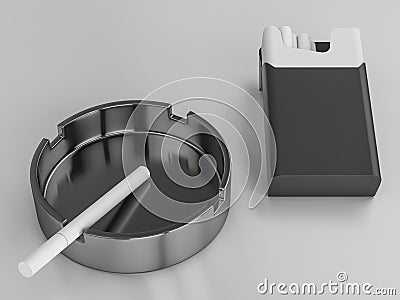 Open pack of cigarettes and ashtray on grey background. 3D rendering Stock Photo