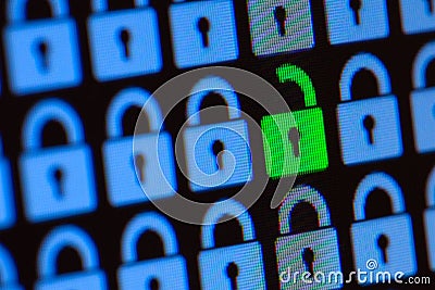 Open padlock as a symbol of the loss of personal information. Hacking or open data. Blue and green pixel locks on a black Stock Photo