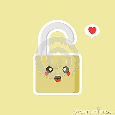 open padlock icon. safe secure padlock kawaii character. Smiling padlock color icon. Reliable password. Protection, security. Easy Vector Illustration