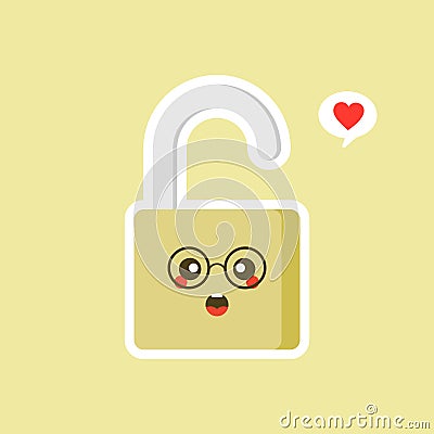 open padlock icon. safe secure padlock kawaii character. Smiling padlock color icon. Reliable password. Protection, security. Easy Vector Illustration